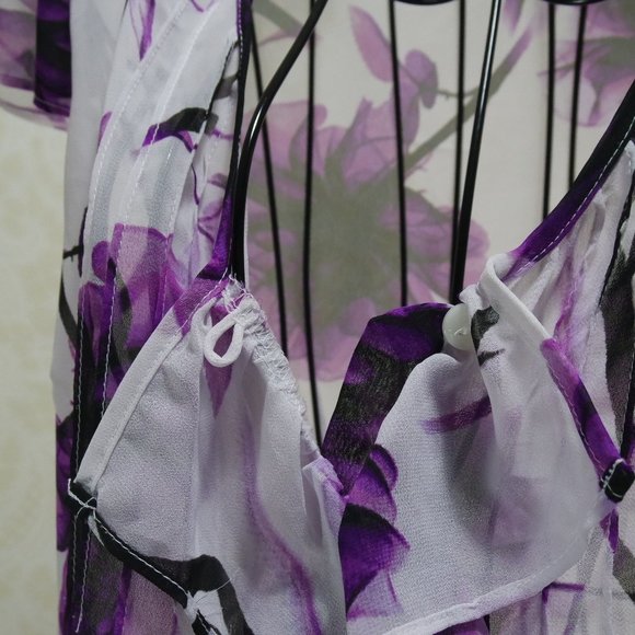 Worthington White Sheer Purple Floral Flutter Cap Sleeve Button Close Be… - Picture 7 of 13